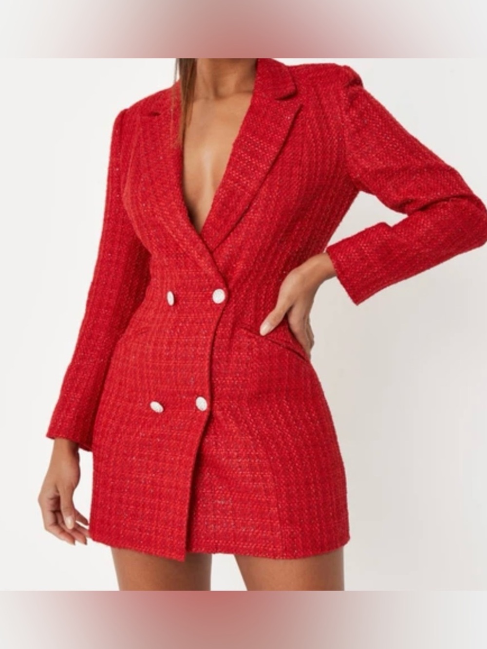 MISSGUIDED Red Tweed Double Breasted Shimmer Blazer Dress Rhinestone Buttons